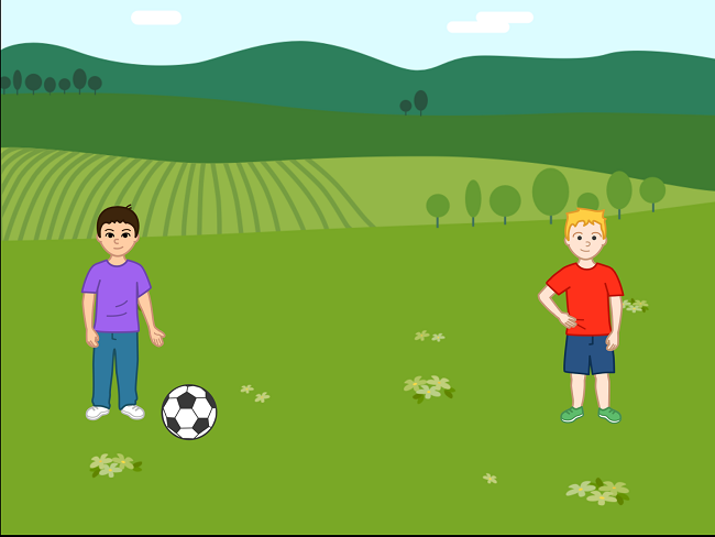 広場で二人の男の子がサッカーをしている作品のスクリーンショット